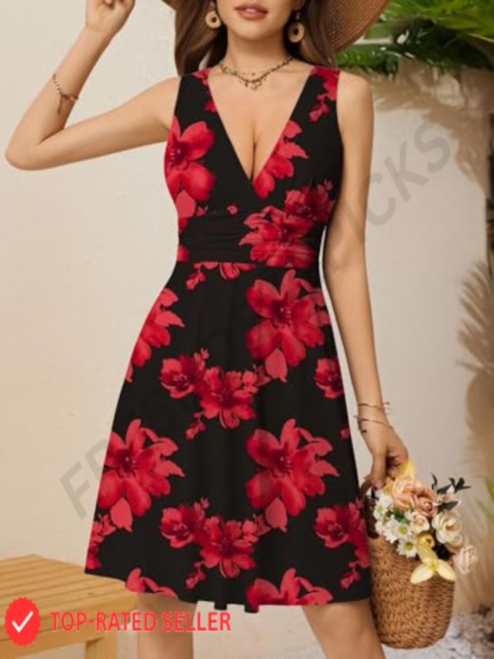 Deep V Neck Sleeveless Floral Sundress with Pockets Flowy Summer Dress - Picture 3 of 7